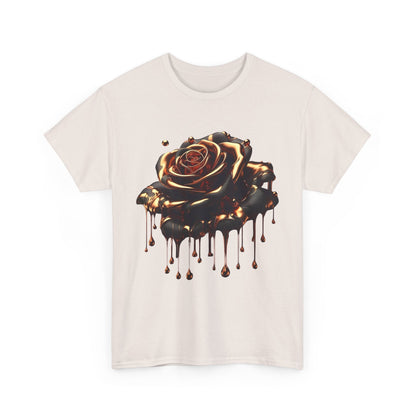 Front view of the Close-Up Abstract Rose Unisex Cotton Tee Graphic T Shirt featuring an artistic design of a rose with molten elements in rich tones.