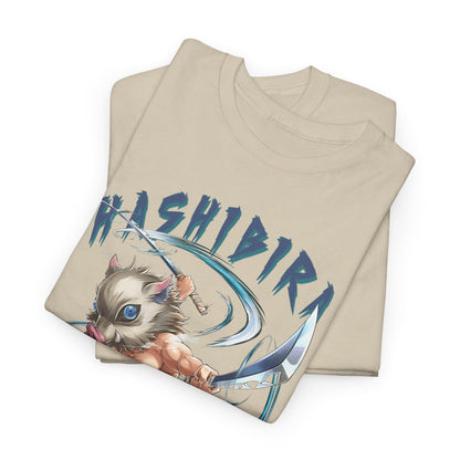 Folded Hashibira Inosuke graphic t-shirts in a stylish beige hue, showcasing the striking anime character design, ideal for contemporary wardrobes.