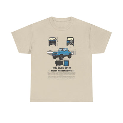 Luxurious men's t-shirt showcasing a retro Suzuki SJ 410 design with vibrant blue graphics on a neutral background, perfect for stylish adventurers.
