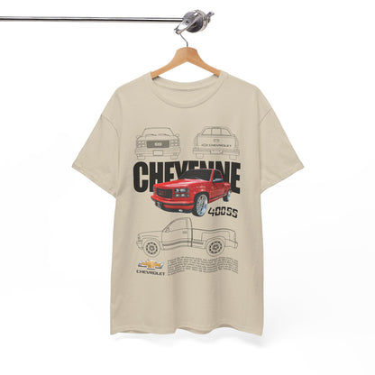 Elegant display of the Chevrolet Cheyenne Men's T-Shirt hanging on a wooden hanger, highlighting the intricate graphic design of the iconic pickup truck in vibrant red.