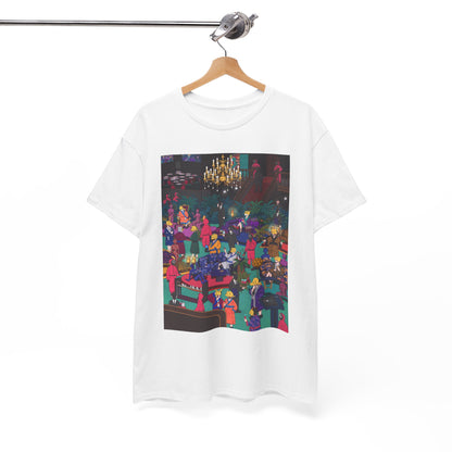 Luxury unisex graphic cotton t-shirt featuring a vibrant Squid Game-inspired design, showcasing a unique and artistic scene that embodies playful rebellion and contemporary style.