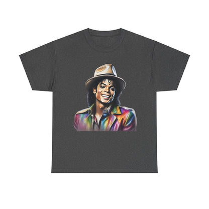 Michael Jackson Portrait Graphic Unisex T-Shirt – Luxurious Art Tee Celebrating The King Of Pop showcasing Michael Jackson's vibrant likeness, dressed in a radiant outfit and hat, perfect for fashion-forward fans.