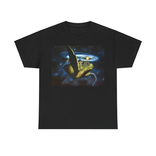 Discworld Great A' Tuin Graphic Unisex T-Shirt Tee in classic black, showcasing a vibrant depiction of Great A' Tuin, ideal for stylish fans of Terry Pratchett’s universe.
