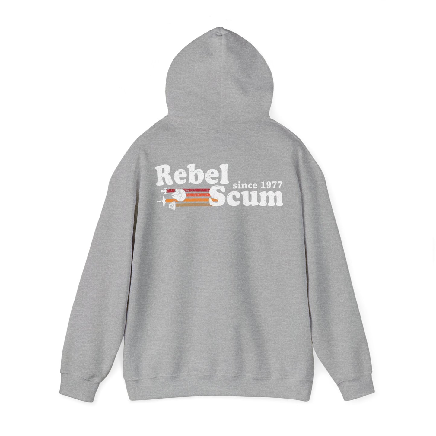 Elegant grey hoodie featuring retro 'Rebel Scum since 1977' graphic design on the back, highlighting a sophisticated vintage appeal.