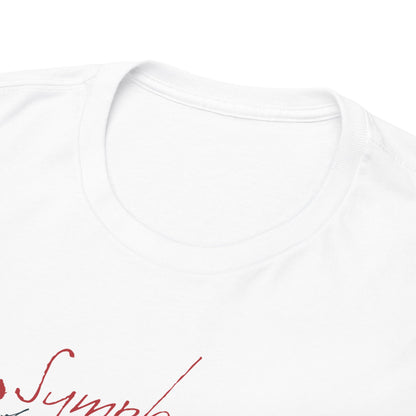 Close-up of the neckline of a luxurious white t-shirt featuring artistic red script, perfect for showcasing a unique gothic style.