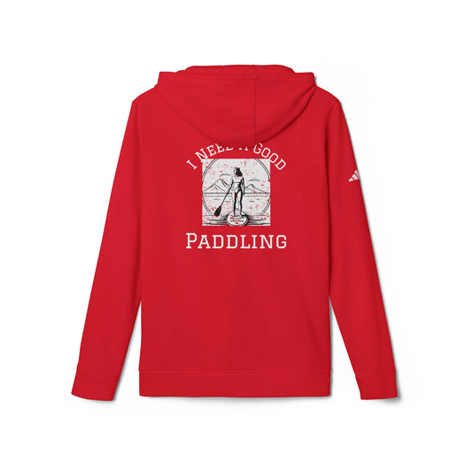 Back view of the Adidas Women’s Fleece "I Need a Good Paddling" Hoodie in striking red showcasing the paddleboarding design, ideal for women who appreciate luxury and functionality on the water.