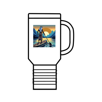 Luxury Fantasy Paddleboarding 40oz Insulated Travel Mug featuring a vibrant design of a paddleboarder amidst serene waters at sunset, ideal for outdoor enthusiasts.