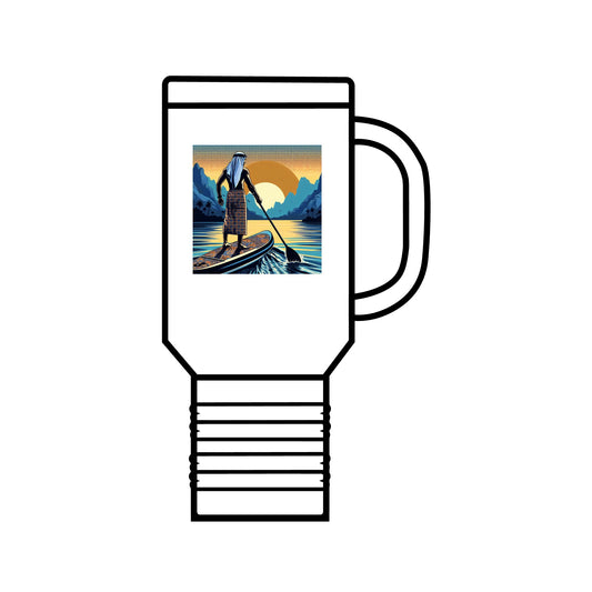 Luxury Fantasy Paddleboarding 40oz Insulated Travel Mug featuring a vibrant design of a paddleboarder amidst serene waters at sunset, ideal for outdoor enthusiasts.