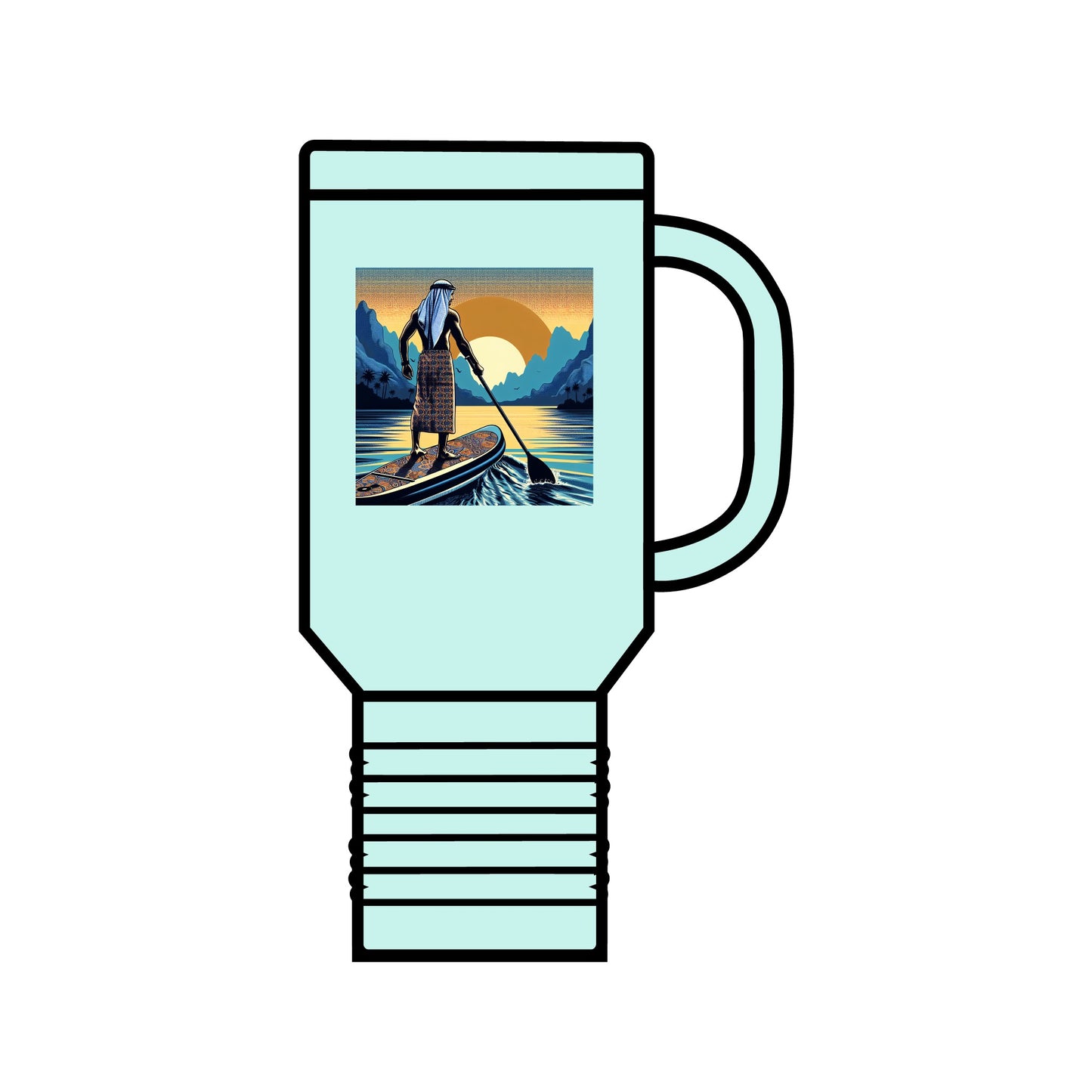 Fantasy Paddleboarding 40oz Insulated Travel Mug featuring a stunning illustration of a paddleboarder at sunset, perfect for luxury hydration on outdoor adventures.