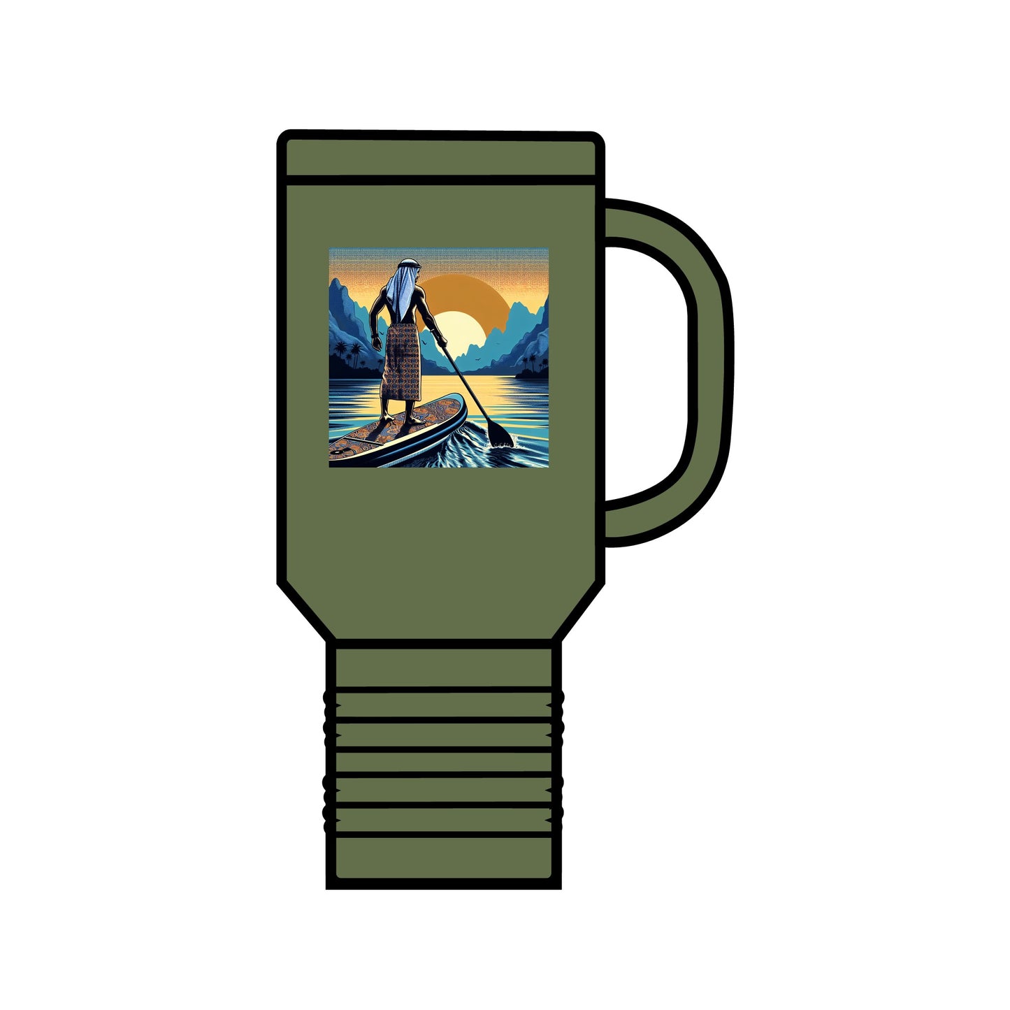 Fantasy Paddleboarding 40oz Insulated Travel Mug in olive green, adorned with an elegant illustration of a paddleboarder against a picturesque sunset backdrop.