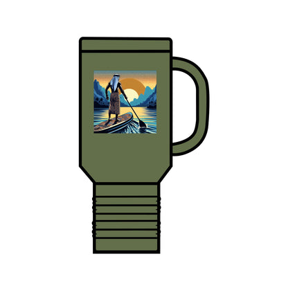 Fantasy Paddleboarding 40oz Insulated Travel Mug in olive green, adorned with an elegant illustration of a paddleboarder against a picturesque sunset backdrop.