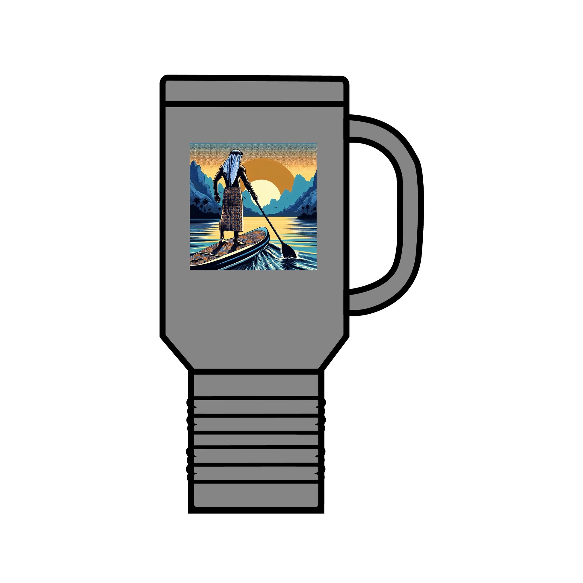 Elegant Fantasy Paddleboarding 40oz Insulated Travel Mug with a stunning illustration of a paddleboarder, perfect for keeping beverages at the ideal temperature during adventures.