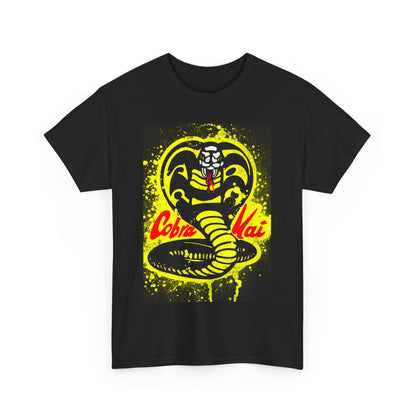 Elegant black graphic T-shirt for men and women showcasing a dynamic Cobra Kai design, highlighted by a striking coiled snake with vivid yellow accents and engaging red typography.