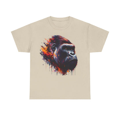 Harambe Masterpiece Graphic Unisex T-Shirt elegantly depicting the renowned gorilla in a sophisticated watercolor style on an earthy beige background.