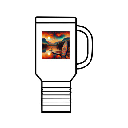 Fantasy Paddleboarding 40Oz Insulated Travel Mug in white with intricately designed art, perfect for keeping beverages hot or cold.