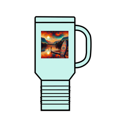 Fantasy Paddleboarding 40Oz Insulated Travel Mug in chic mint green, adorned with a stunning paddleboarding artwork for sophisticated outdoor adventures.