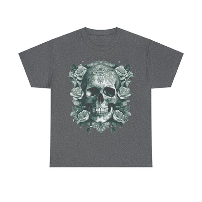 Skulls and Roses Cotton Tee in charcoal, an elegant unisex graphic shirt with a stunning skull and rose illustration, perfect for making a bold fashion statement.