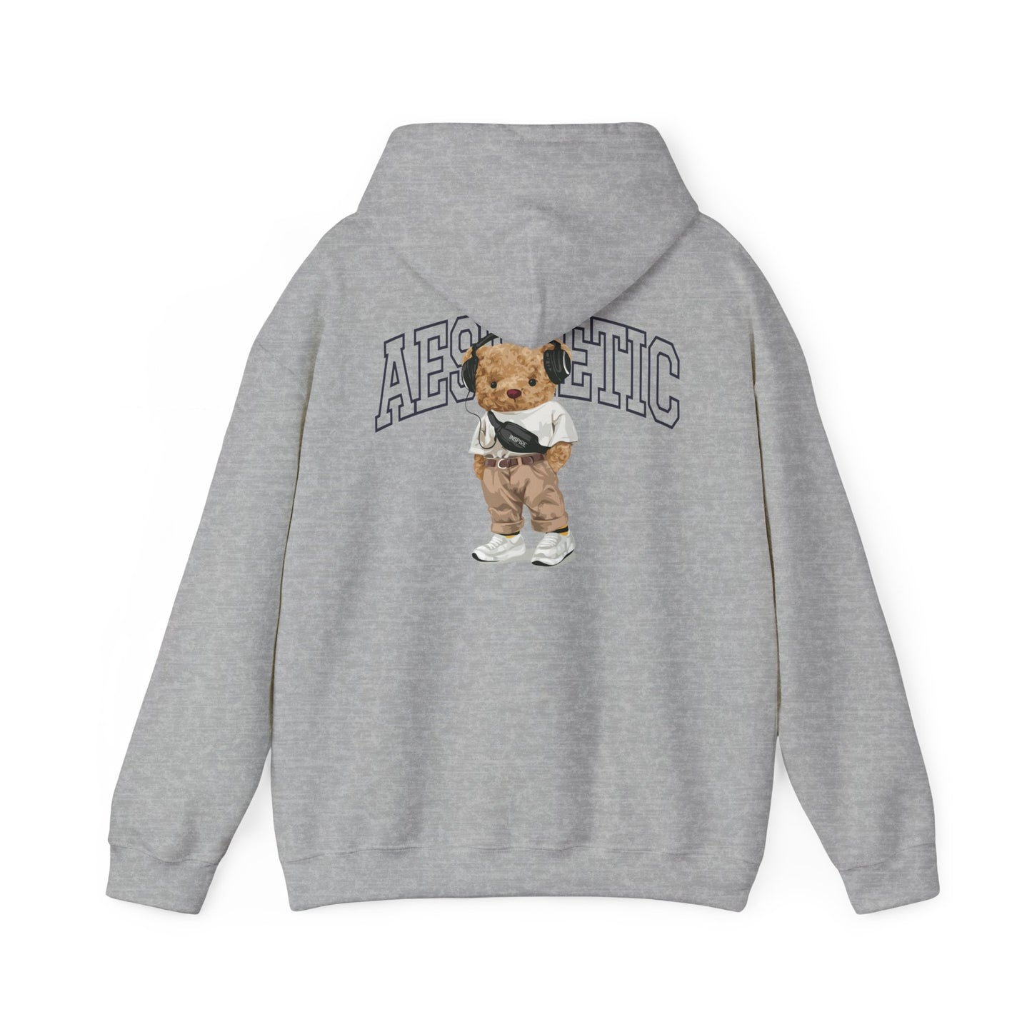 Chic grey hoodie with a cartoon teddy bear illustration on the back and 'AESTHETIC' text, blending comfort and style effortlessly.