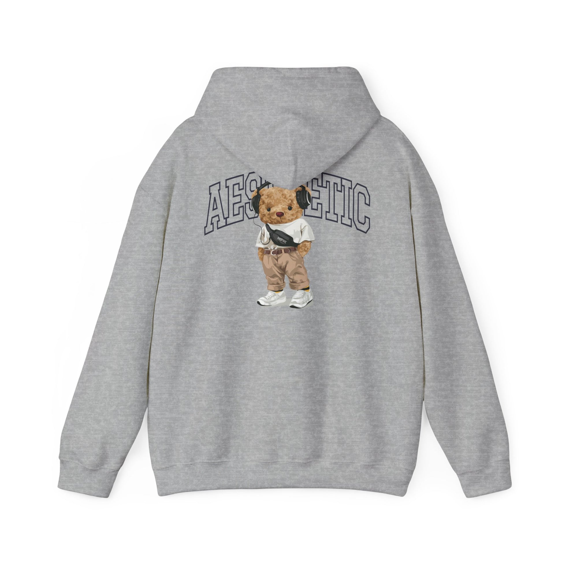 Chic grey hoodie with a cartoon teddy bear illustration on the back and 'AESTHETIC' text, blending comfort and style effortlessly.