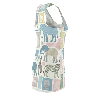 Maxwell Bravura Women's Racerback Dress with Whimsical Animal Pattern in Pastel Colours, highlighting a playful mix of mint green and baby blue in a chic modern cut.