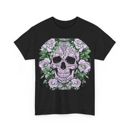Front view of Skulls and Roses Cotton Tee in black, featuring an artistic skull surrounded by delicate roses, a staple for alternative fashion.