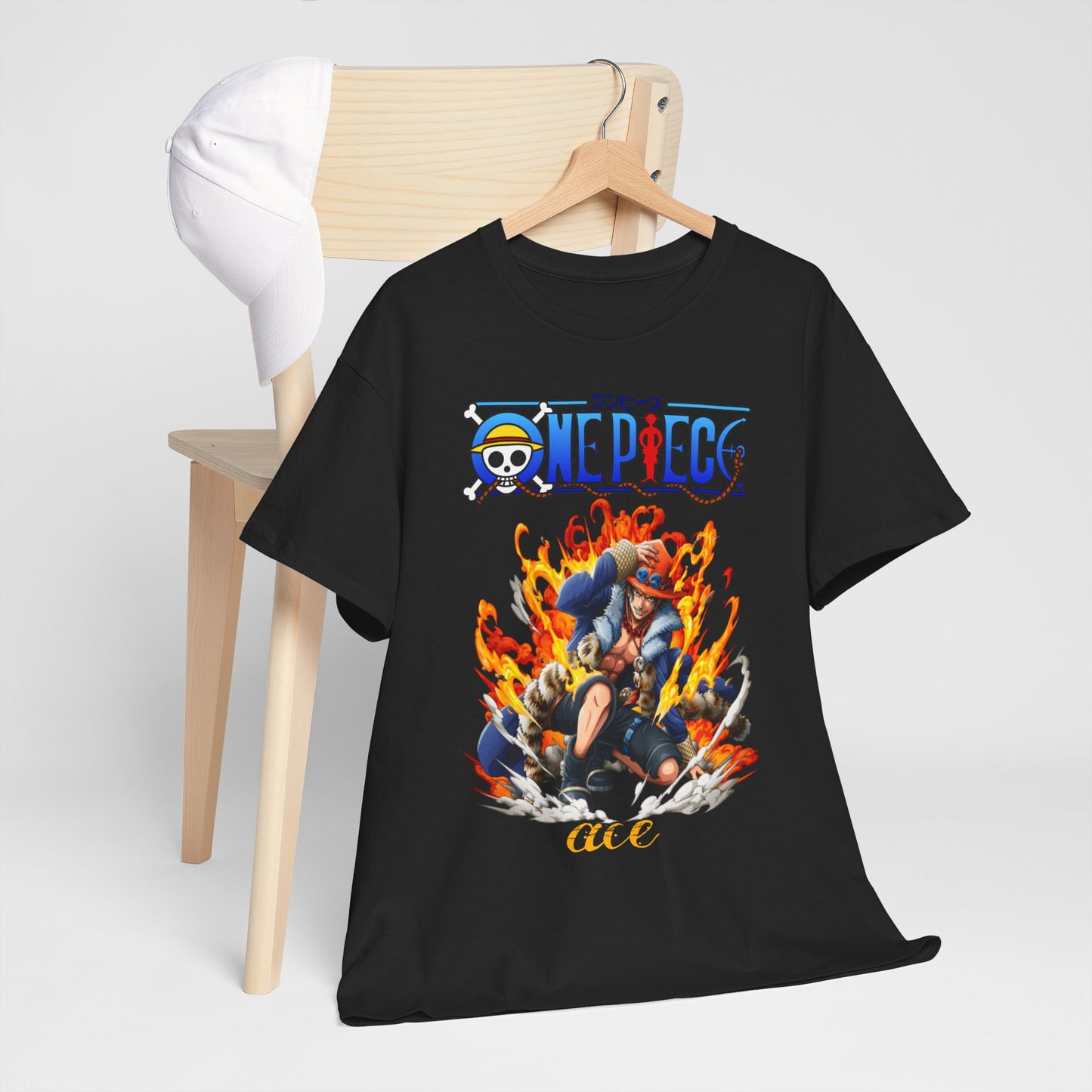Epic Ace Men's T-Shirt featuring striking artwork of the Ace character from the anime, set against vibrant flames, showcased on a minimalist background with a stylish cap.