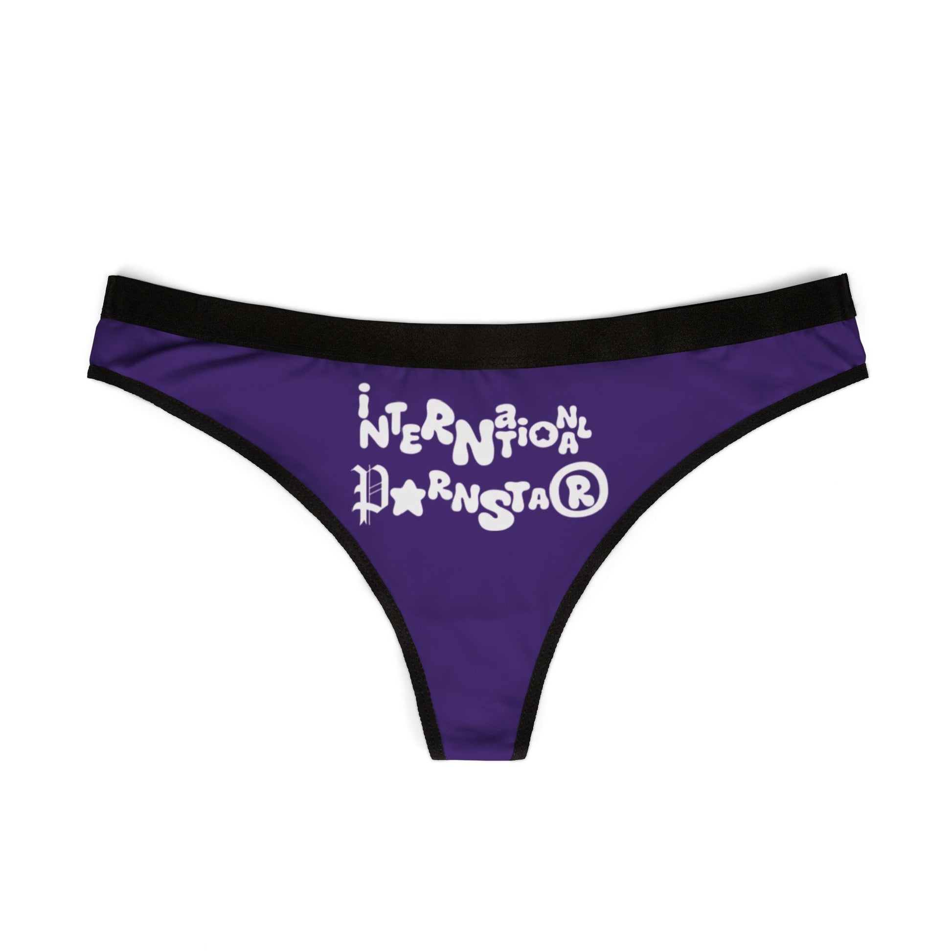 Luxurious purple thong featuring playful white text 'International Parnstar®' with a cheeky design, perfect for adding allure to intimate wear collections.