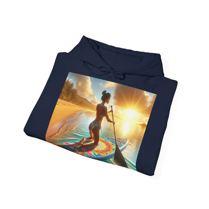 Luxurious Fantasy Paddleboarding Unisex Hooded Sweatshirt draped elegantly, featuring a captivating paddleboarding scene and the text 'I Need A Good Paddling', perfect for beach lovers.