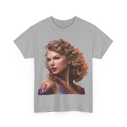 Swifties psychedelic Taylor Swift Heavy Cotton Tee in elegant grey, adorned with a striking image of Taylor Swift, perfect for fans.