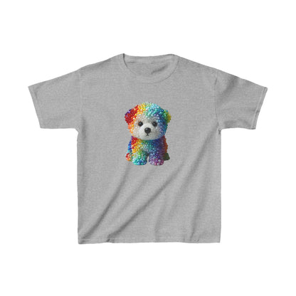 Luxurious unisex kids beaded dog cotton T-shirt tee in grey, displaying an intricate rainbow beaded dog figurine.