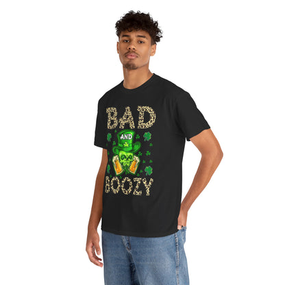 Fashionable model wearing the Bad And Boozy St. Patrick's Day T-Shirt against a bright backdrop, highlighting festive graphics and chic style.