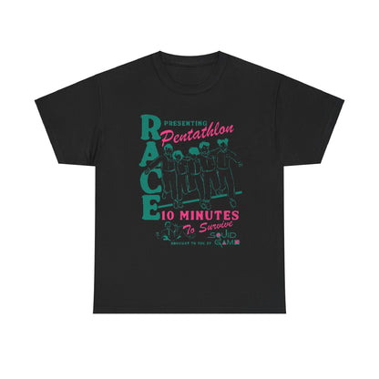 Elegant black oversized t-shirt rendered with stylish typography inspired by Squid Game, boldly stating 'RACE presenting Pentathlon 10 Minutes To Survive', perfect for those who appreciate unique fashion.