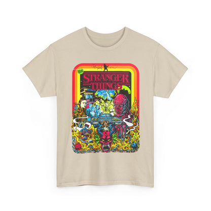 Exquisite Stranger Things graphic t-shirt showcasing vibrant retro design, featuring iconic characters and a whimsical monster, perfect for stylish fans.