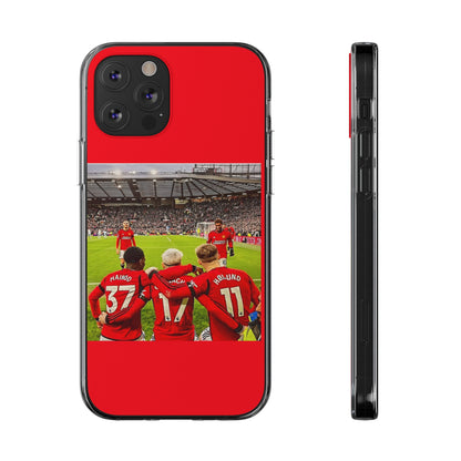 Luxurious Manchester United Mainoo Garnach Hojlund Soft Phone Case displaying iconic players in red, a stylish accessory for true fans.
