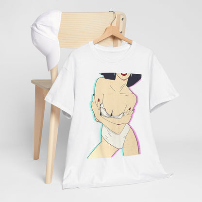 Casual graphic t-shirt and cap displayed on a chair, featuring a vintage pin-up design that embodies playful luxury and artistic expression.