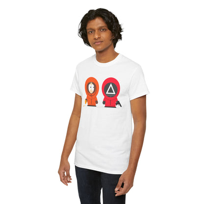 Another stylish model showcasing the Squid Game South Park Unisex Men’s Women’s Graphic Cotton Funny T Shirt Tee, with a humorous design blending themes from both franchises, perfect for fans.