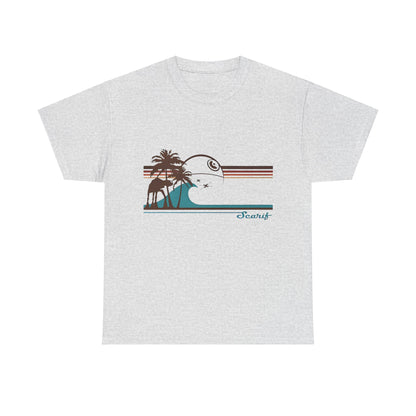 Tie Fighters Holiday on Serif Star Wars Rebel One Graphic Unisex Tee Shirt featuring a stylish design with palm trees and waves on a light grey backdrop.