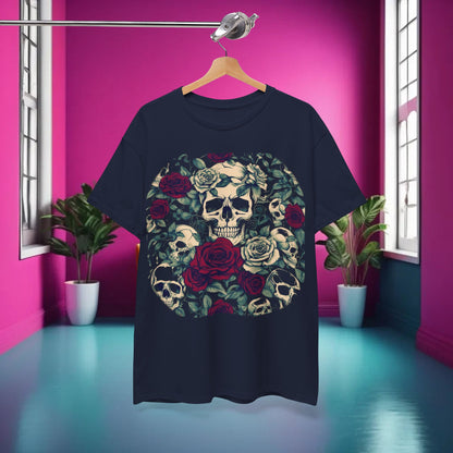Front view of luxurious Skulls and Roses Cotton Tee, unisex graphic shirt featuring a stunning steampunk design on navy background, ideal for alternative fashion enthusiasts.