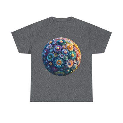 Iridescent Floral Sphere Unisex Cotton Tee Graphic T Shirt highlighting a stunning floral sphere design against a dark grey backdrop, perfect for stylish, relaxed occasions.