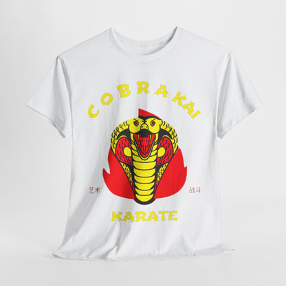 Luxury unisex graphic t-shirt featuring the iconic Cobra Kai snake emblem in bold red and yellow design, set against a pristine white backdrop, showcasing a blend of martial arts and pop culture.