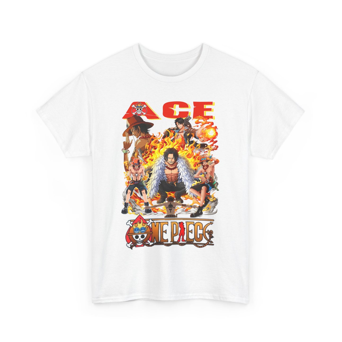 Men's 1 Piece t-shirt featuring vibrant anime-inspired graphic design of Ace and other characters against fiery backgrounds, embodying adventure and passion.