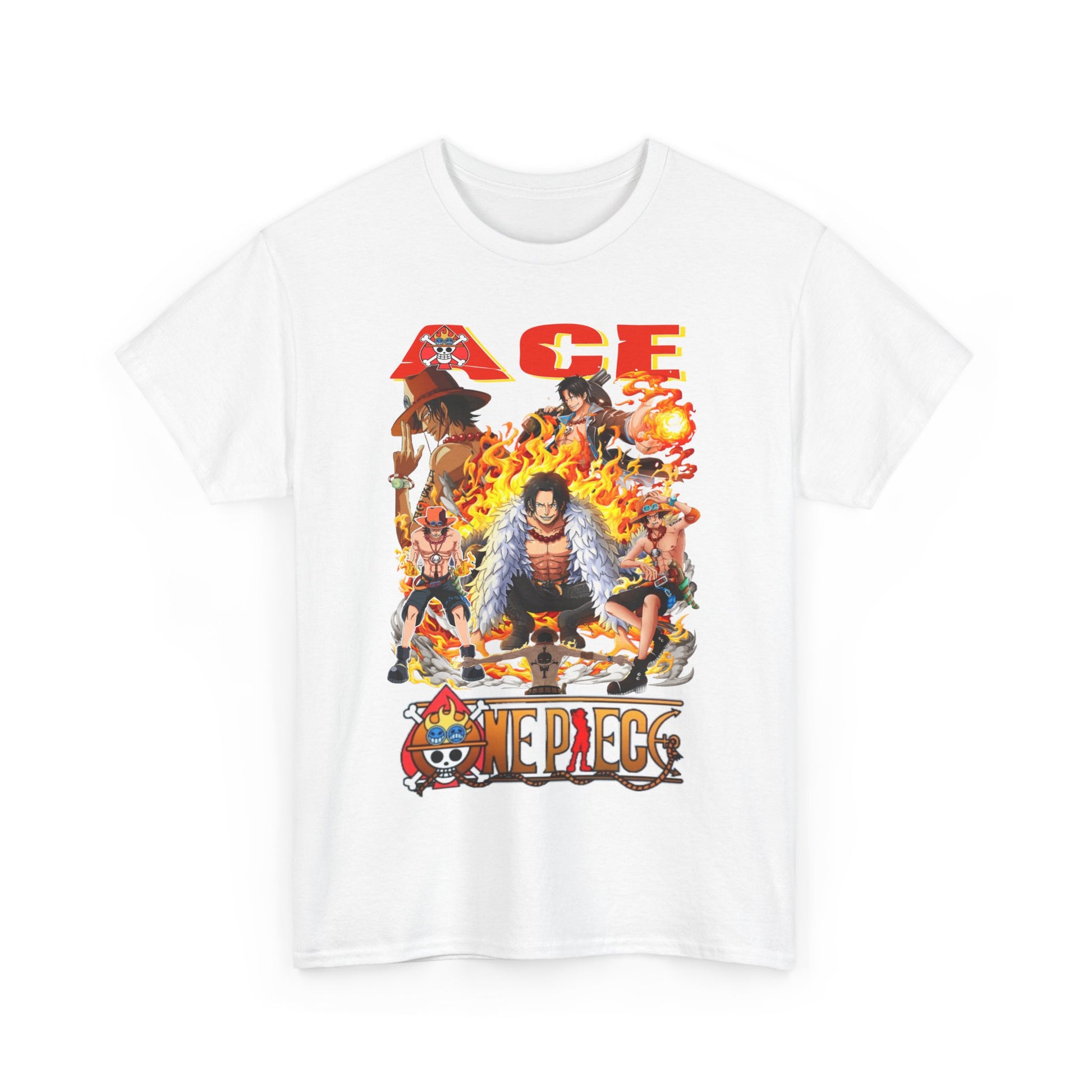 Men's 1 Piece t-shirt featuring vibrant anime-inspired graphic design of Ace and other characters against fiery backgrounds, embodying adventure and passion.