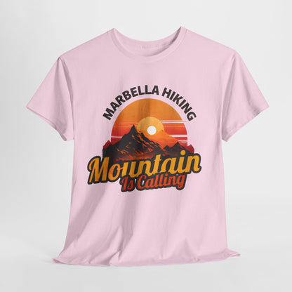 Marbella Hiking Club Unisex Graphic T-Shirt in soft pink, adorned with a striking mountain design symbolising adventure and the spirit of the great outdoors.
