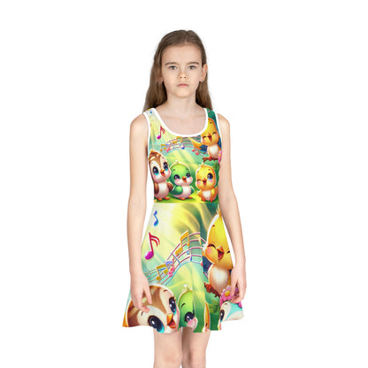 Girl elegantly wearing the Arabella Dior Girls Vibrant Summer Sundress adorned with cartoon birds and musical notes, embodying summer fun and style.