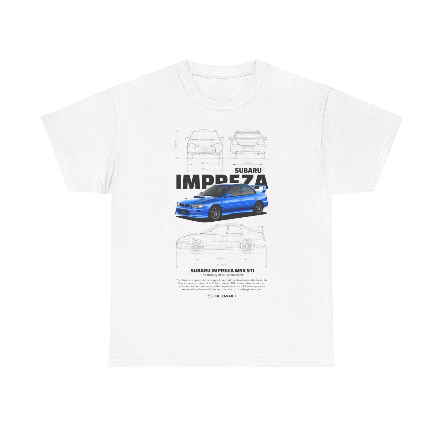 Elegant white men's t-shirt featuring a detailed graphic of the Subaru Impreza WRX STI, showcasing classic car design elements and dimensions, perfect for automotive enthusiasts.
