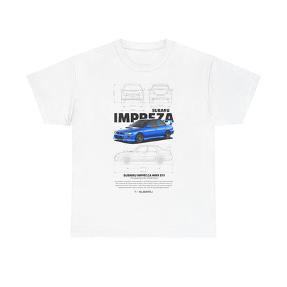 Elegant white men's t-shirt featuring a detailed graphic of the Subaru Impreza WRX STI, showcasing classic car design elements and dimensions, perfect for automotive enthusiasts.