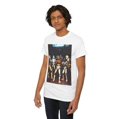 A fashionable white men's t-shirt showcasing an artistic depiction of Star Wars Stormtroopers, exuding a sense of adventure and galactic style.