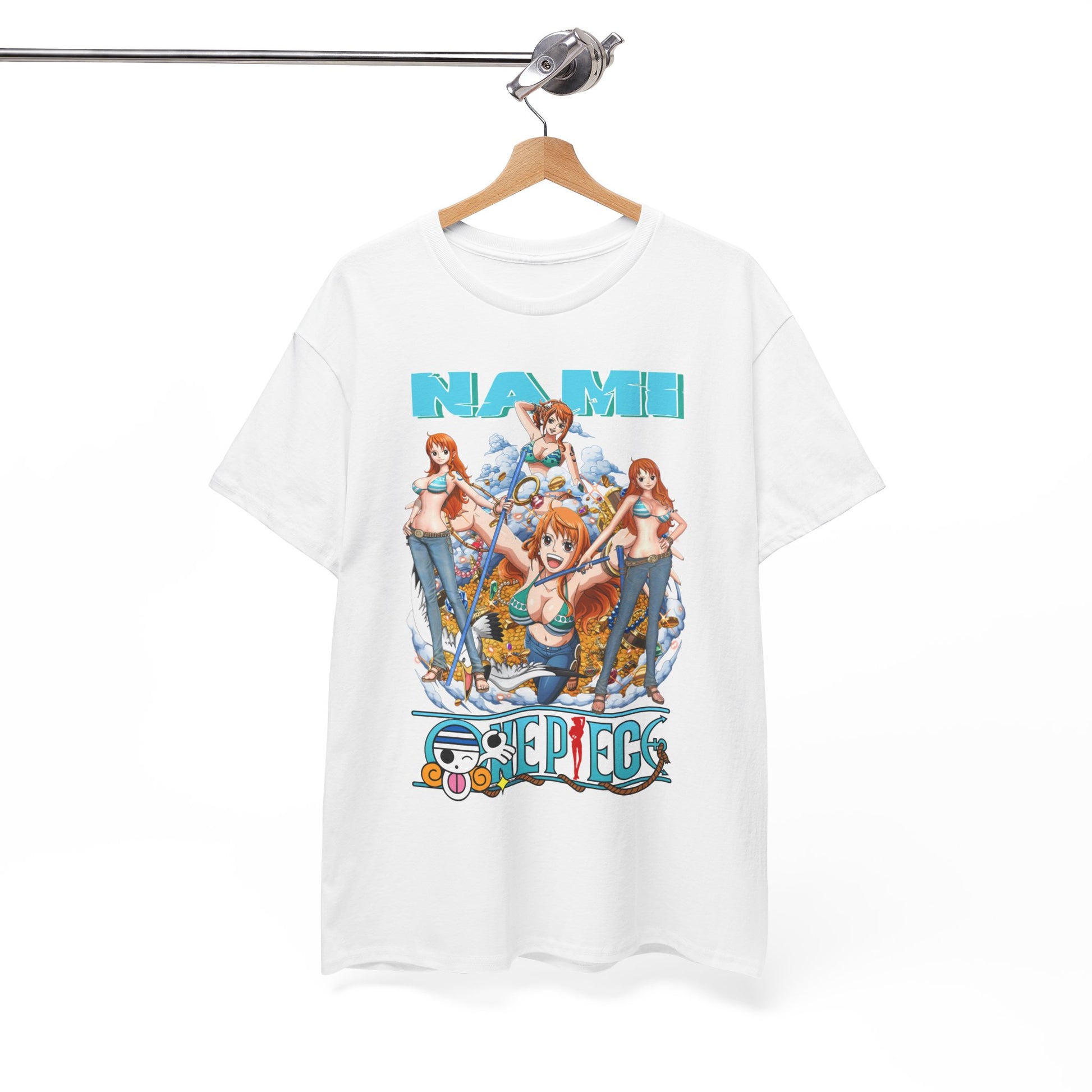 Sophisticated hanging display of a white t-shirt with a captivating Nami graphic from One Piece, highlighting the vibrant design and premium quality.