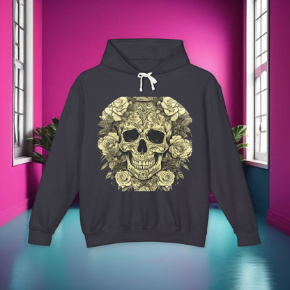 Skull and Roses Lightweight Hoodie in dark grey, showcasing a striking skull and roses graphic, perfect for a bold and edgy look. Unisex designer sweatshirt ideal for fashion-savvy individuals.
