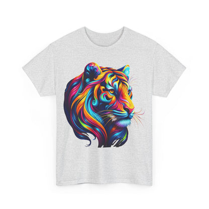 Front view of the Grey Tiger's Whimsy Graphic Unisex T-Shirt adorned with a vivid and intricate depiction of a tiger, emphasising artistry and style.